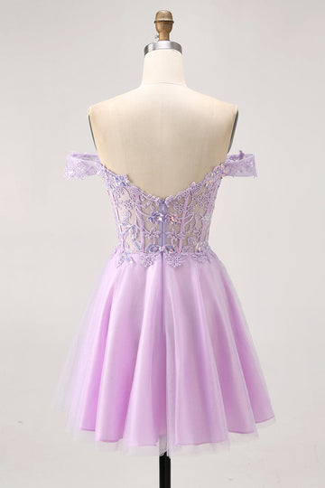 Robe de retour à la maison florale trapèze lilas à épaules dénudées avec appliques